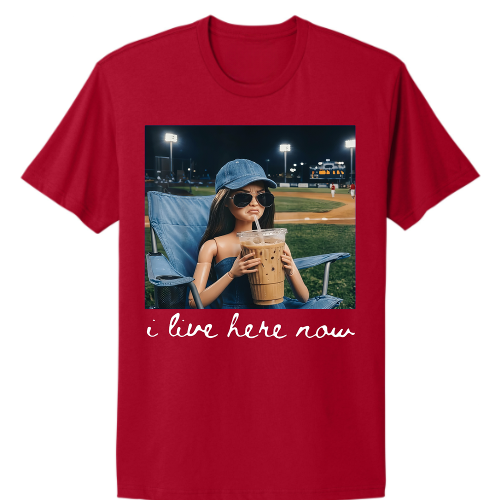 “I Live Here Now” Baseball Mom Tee